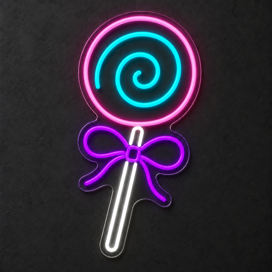 Piruleta en neón LED: Rosa Palo, Azul Hielo, Blanco Frío, Violeta