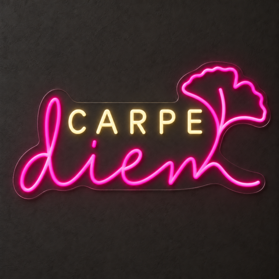 Carpe Diem en neón LED: Blanco Cálido, Rosa Magenta