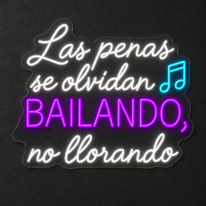 Neón LED Las penas se olvidan bailando — Blanco frío, violeta y hielo