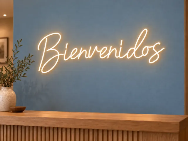 Bienvenidos en letras de neón cálido en una recepción