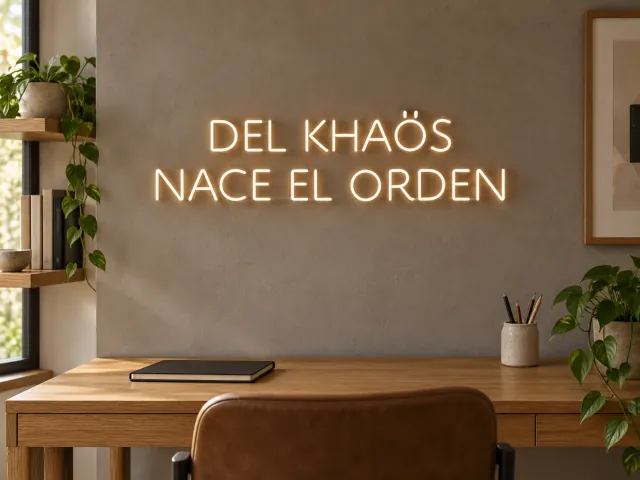 Del khaös nace el orden en letras de neón blanco cálido