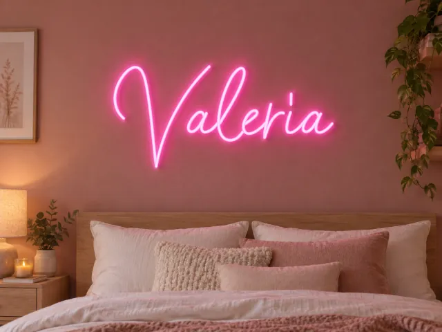Nombre Valeria en neón rosa con tipografía Barcelona