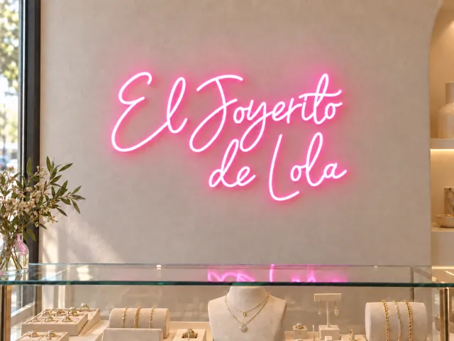 El Joyerito de Lola en letras de neón rosa en una tienda