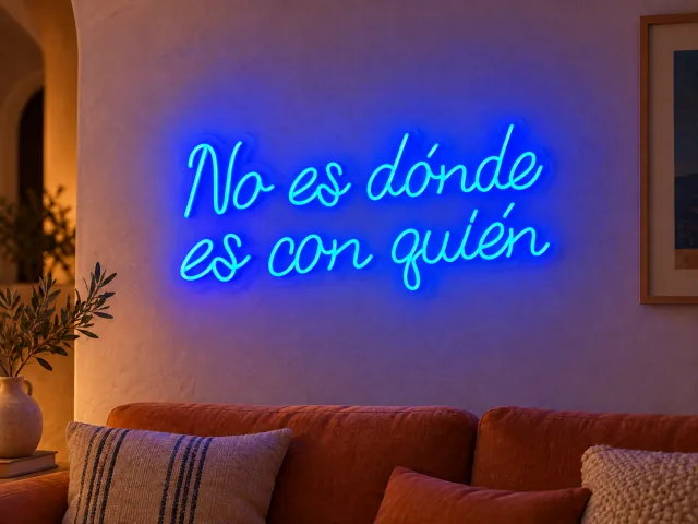 No es dónde, es con quién en neón azul en un salón