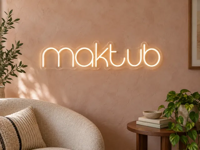 maktub en letras de neón blanco cálido junto a un sillón