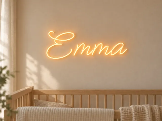 Nombre Emma en neón cálido con tipografía Meow Script