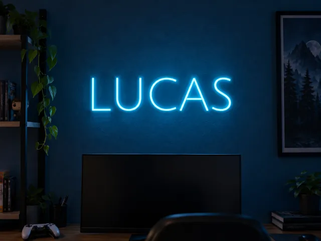 Nombre Lucas en neón azul con tipografía Julius