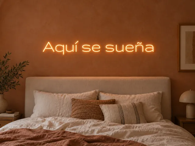 Aquí se sueña en neón cálido con tipografía Gruppo