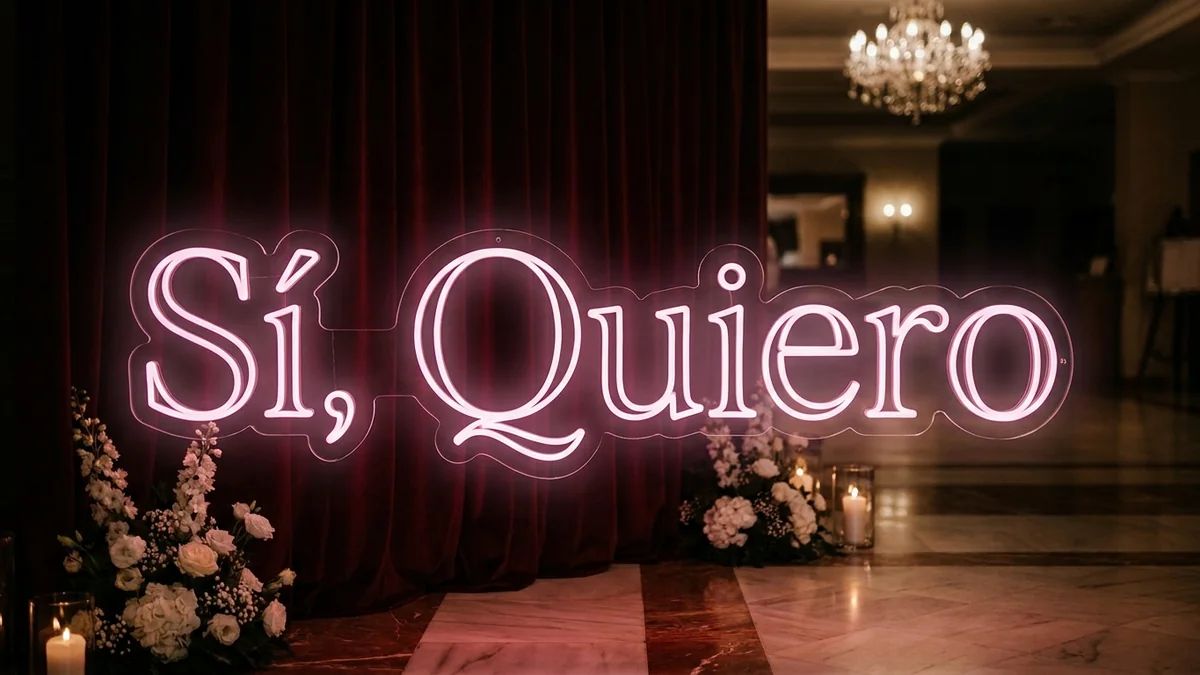 Letras de neón "Sí, Quiero" rosa palo en photocall de boda