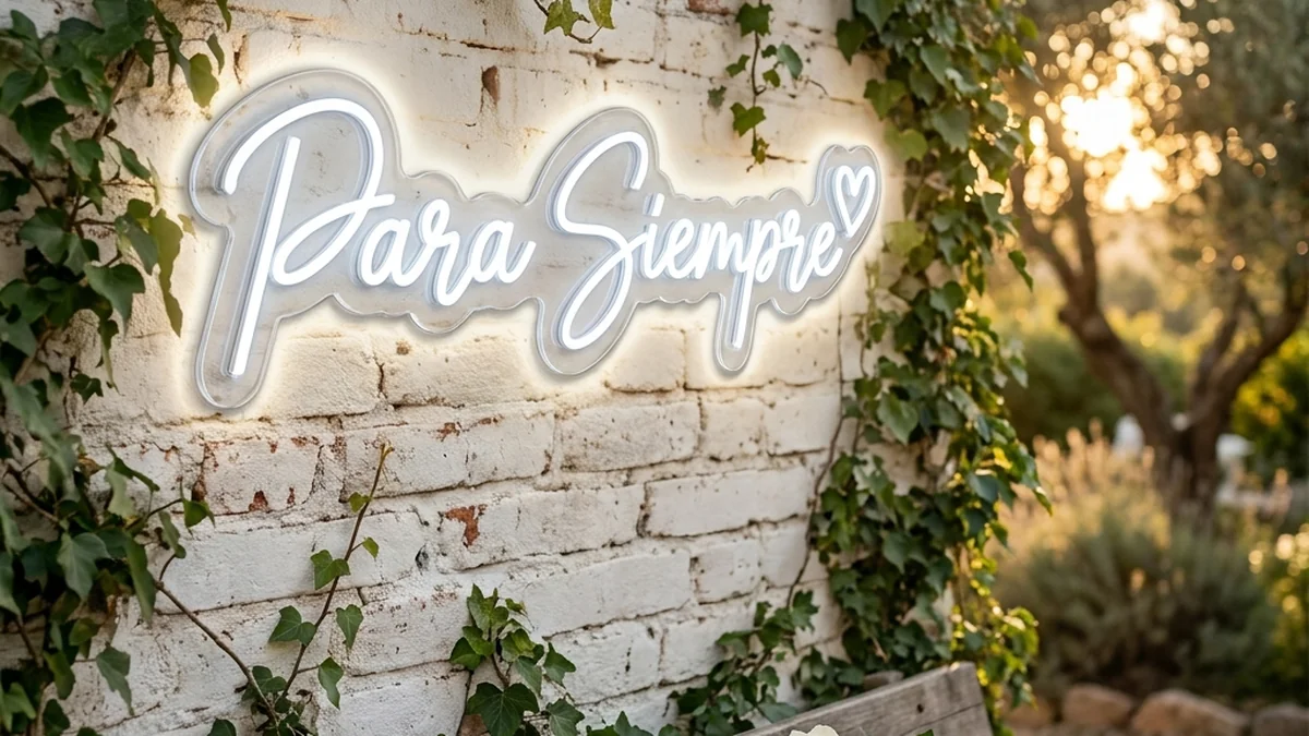 Letras de neón "Para Siempre" blanco frío con corazón