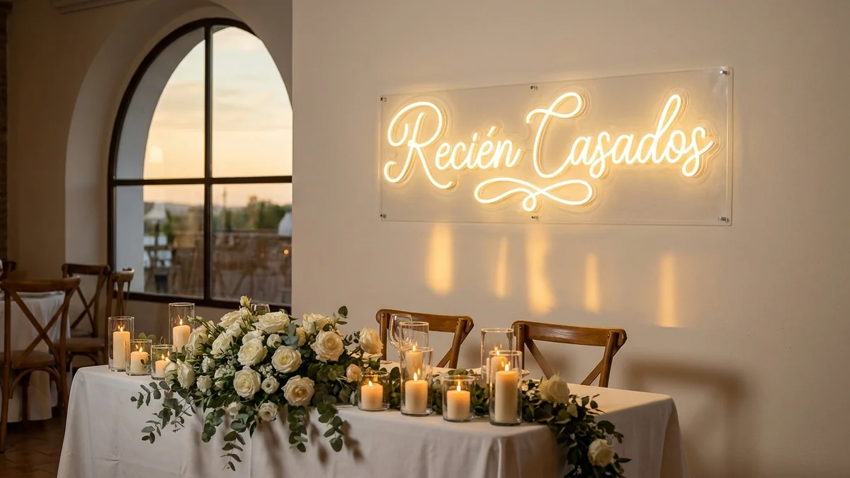 Letras de neón "Recién Casados" blanco cálido en boda