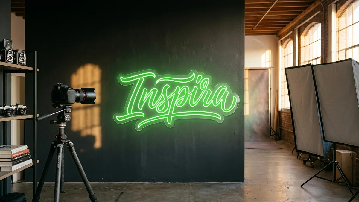 Letras de neón "Inspira" verde en estudio fotográfico