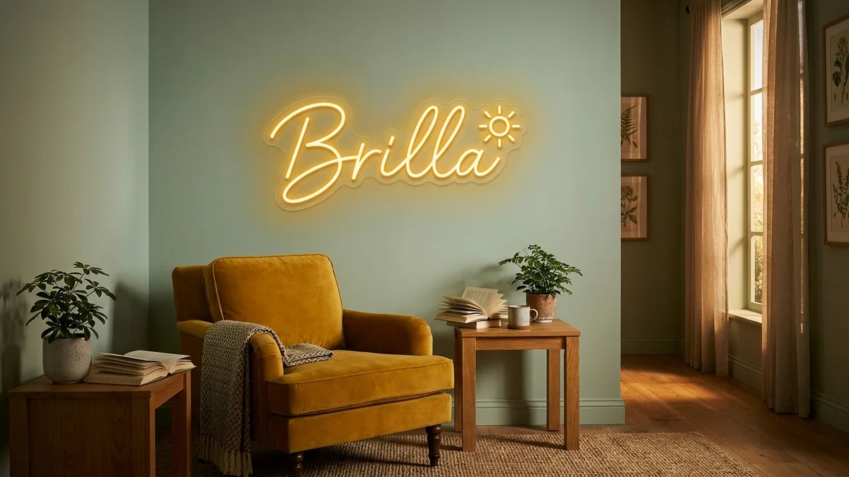 Letras de neón "Brilla" amarillo dorado en rincón de lectura