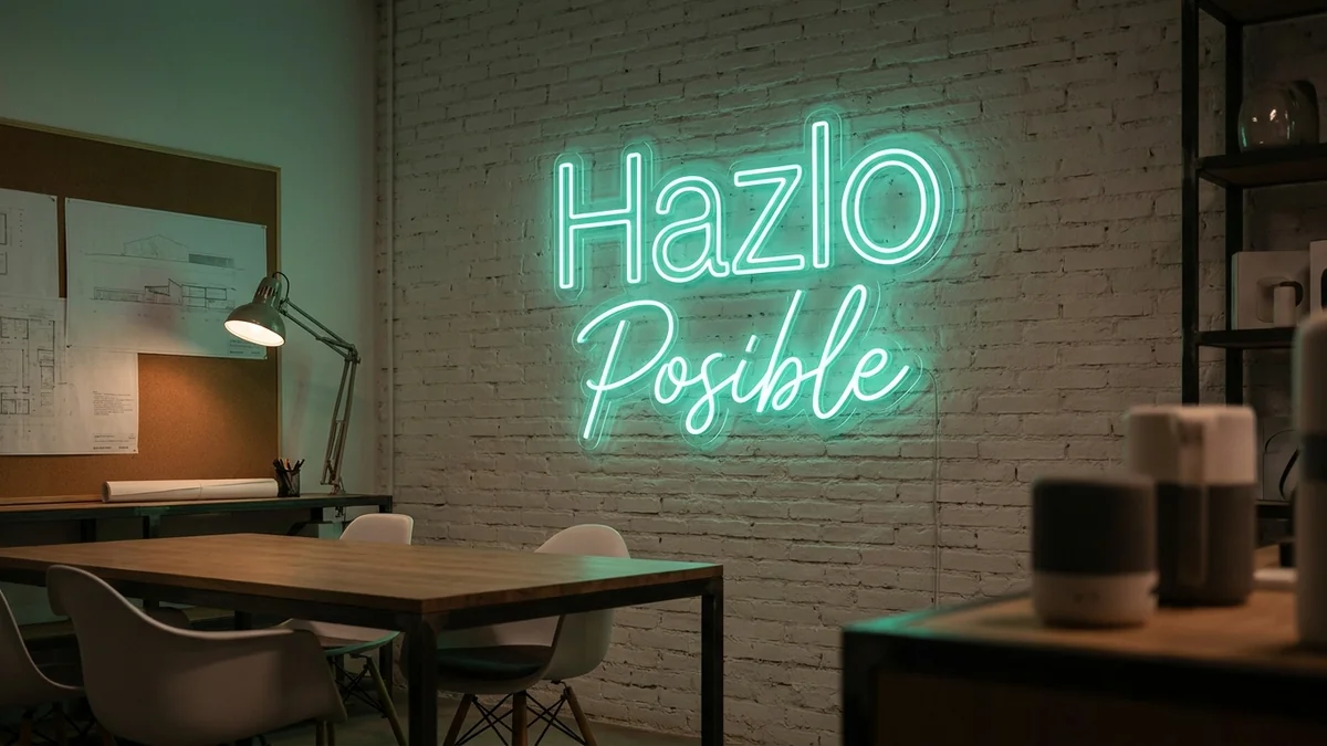 Letras de neón "Hazlo Posible" verde agua en showroom
