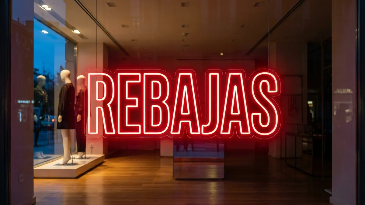 Letras de neón "Rebajas" rojo en escaparate de moda