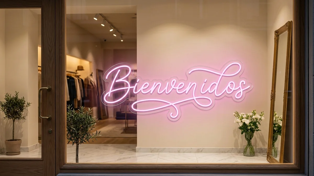 Letras de neón "Bienvenidos" rosa palo en boutique