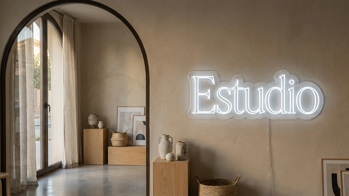 Letras de neón "Estudio" blanco frío en tienda de diseño