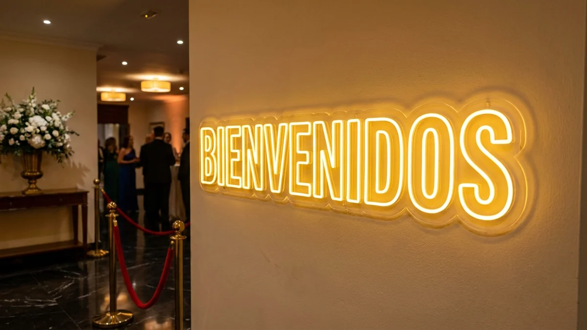 Letras de neón "Bienvenidos" amarillo dorado en gala