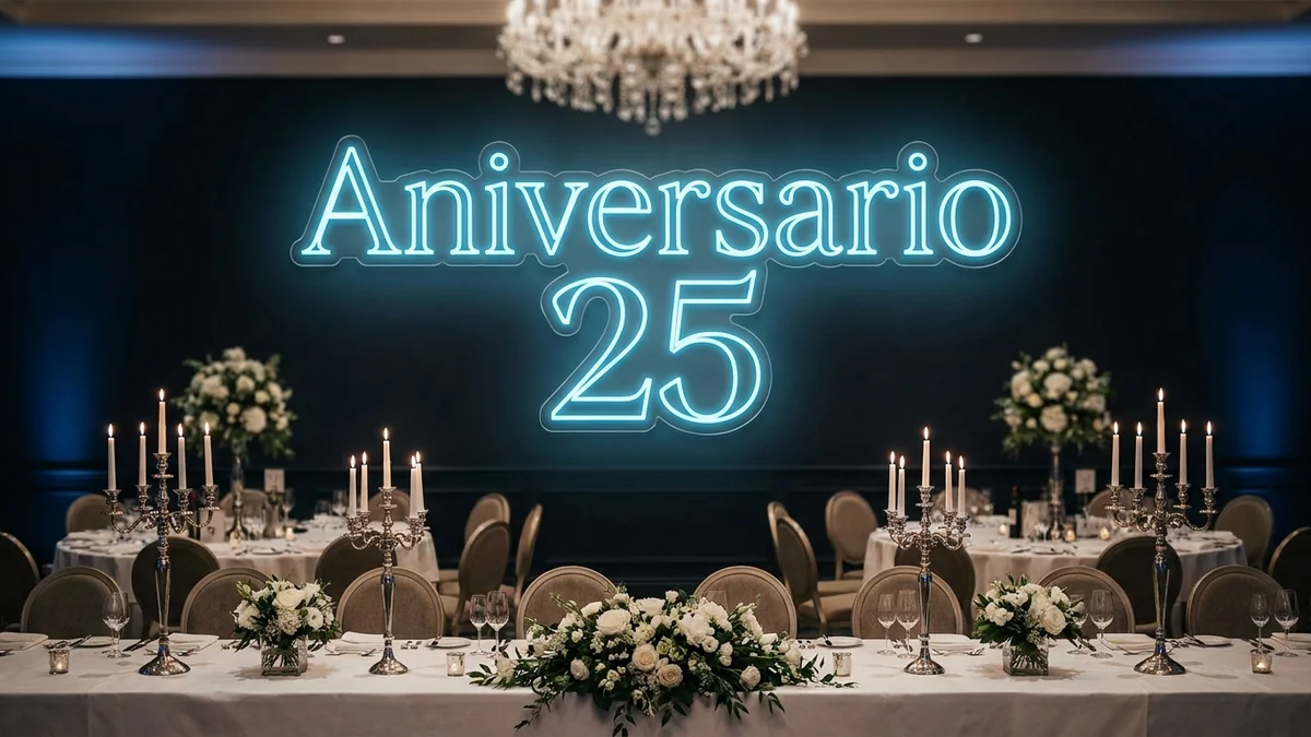 Letras de neón "Aniversario 25" azul hielo en evento