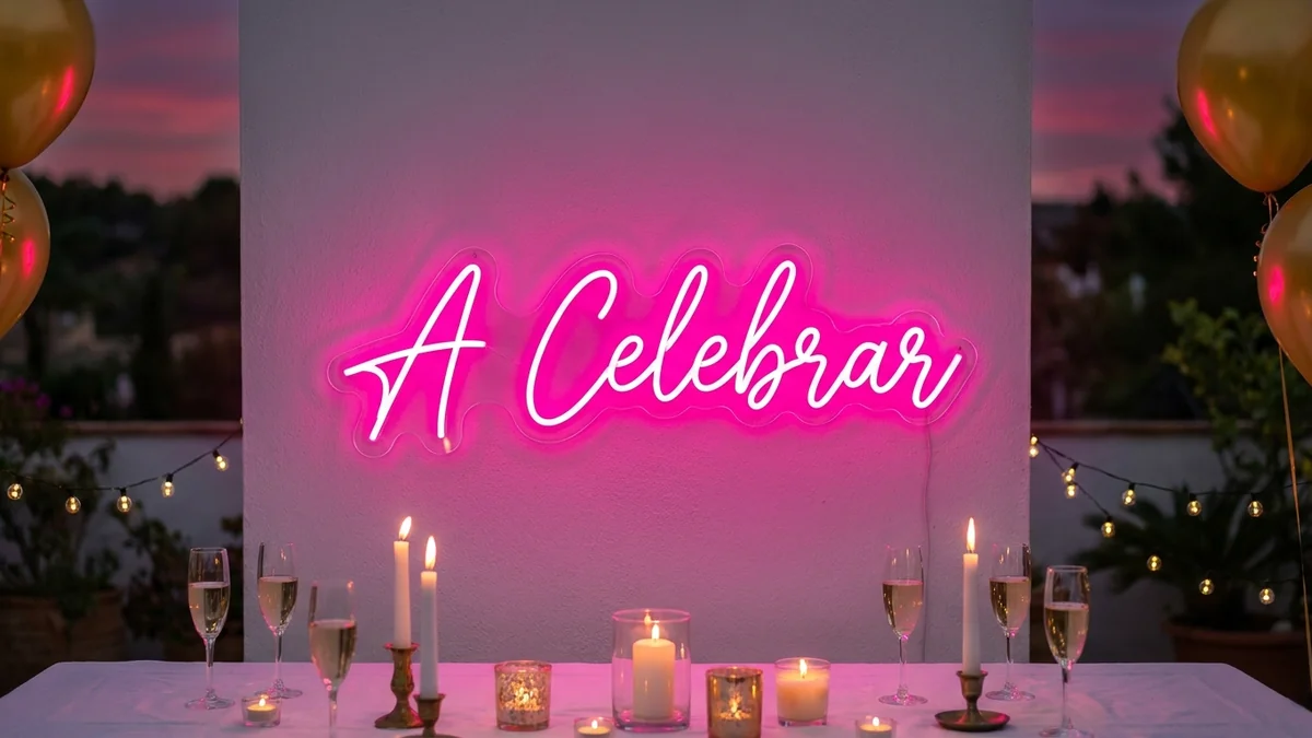Letras de neón "A Celebrar" rosa magenta en cumpleaños