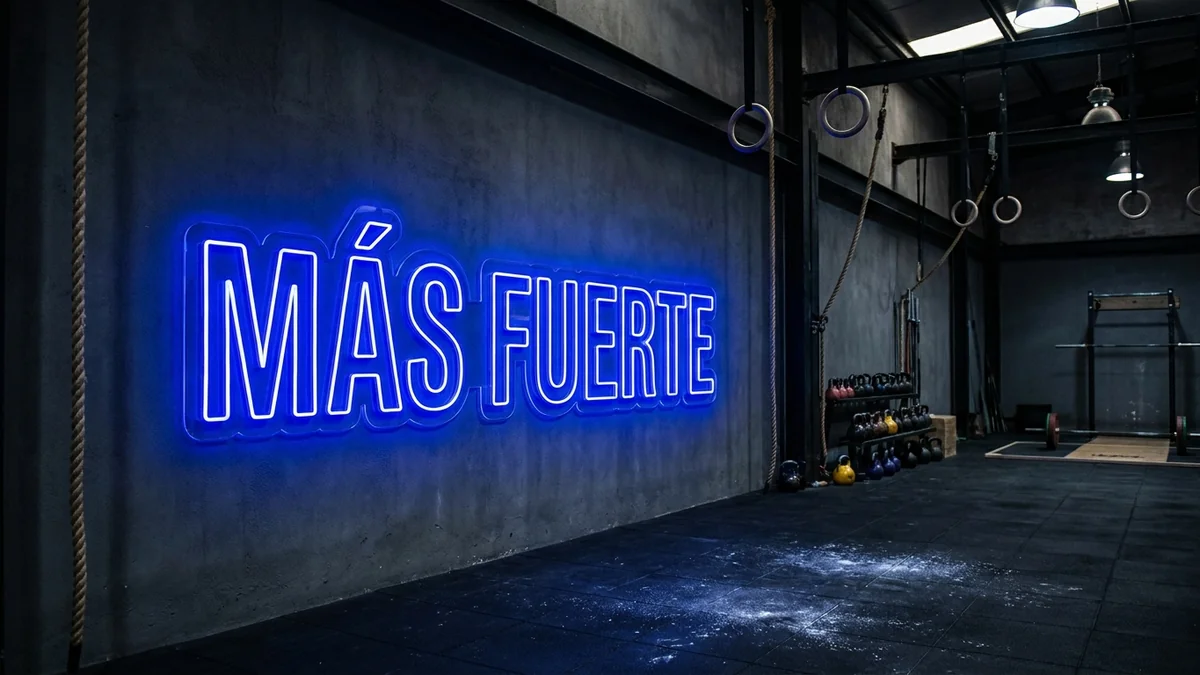 Letras de neón "Más Fuerte" azul eléctrico en box de CrossFit