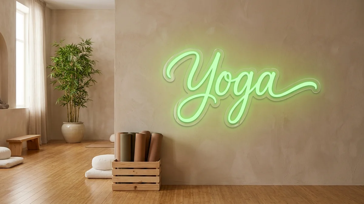 Letras de neón "Yoga" verde en sala de yoga