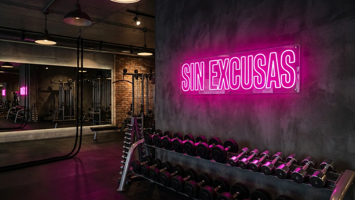 Letras de neón "Sin Excusas" rosa magenta en sala de pesas