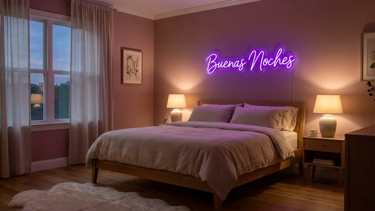 Letras de neón "Buenas Noches" violeta sobre cabecero