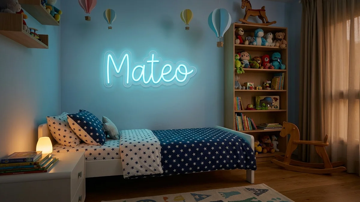 Letras de neón "Mateo" azul hielo en dormitorio infantil