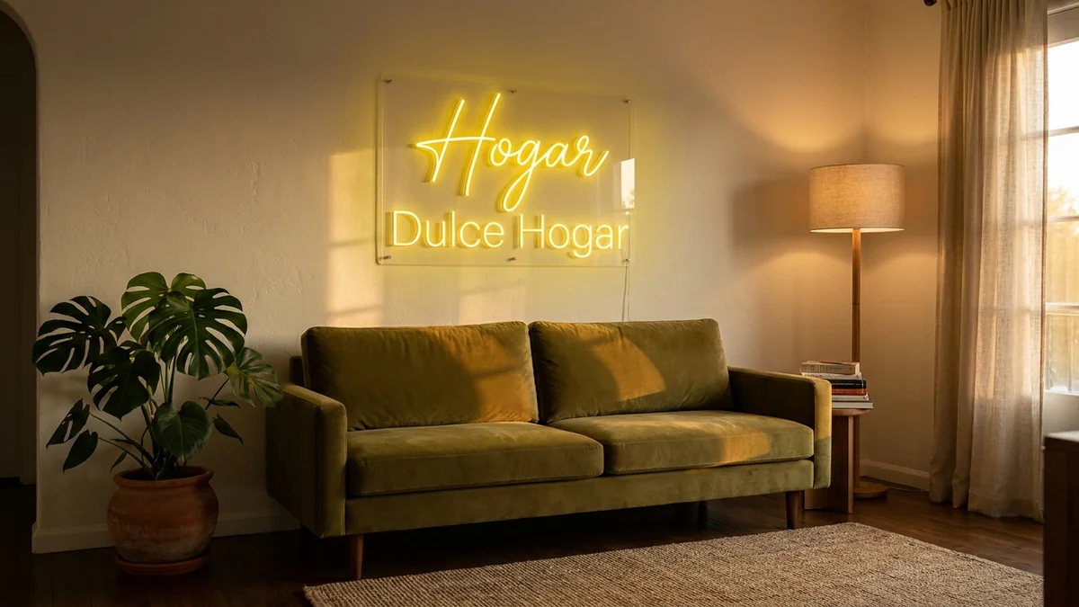 Letras de neón "Hogar Dulce Hogar" amarillo limón en salón