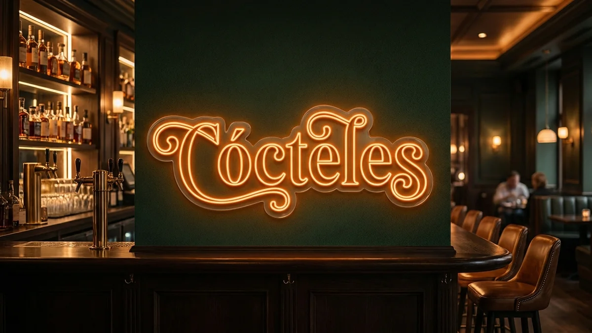 Letras de neón "Cócteles" naranja en barra de bar