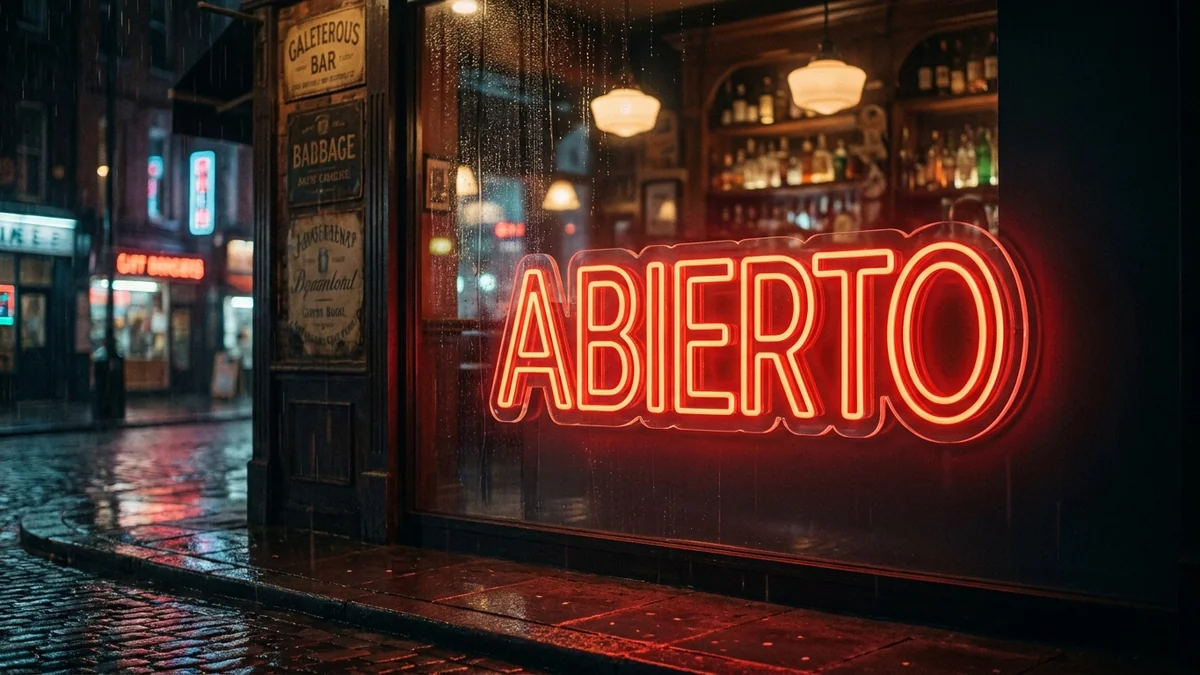 Letras de neón "Abierto" rojo en ventana