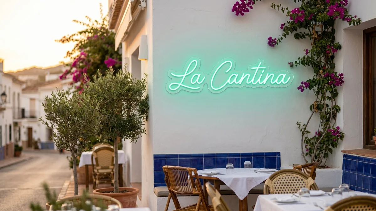 Letras de neón "La Cantina" verde agua en restaurante