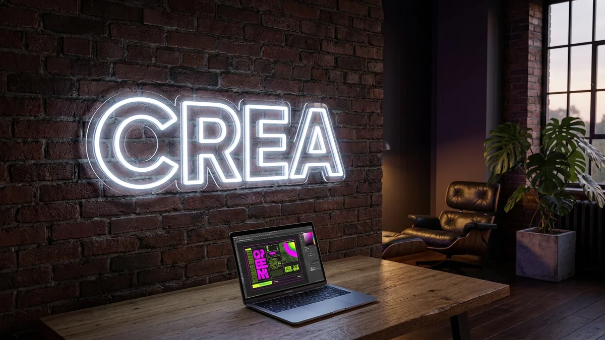 Letras de neón "Crea" blanco frío en estudio coworking