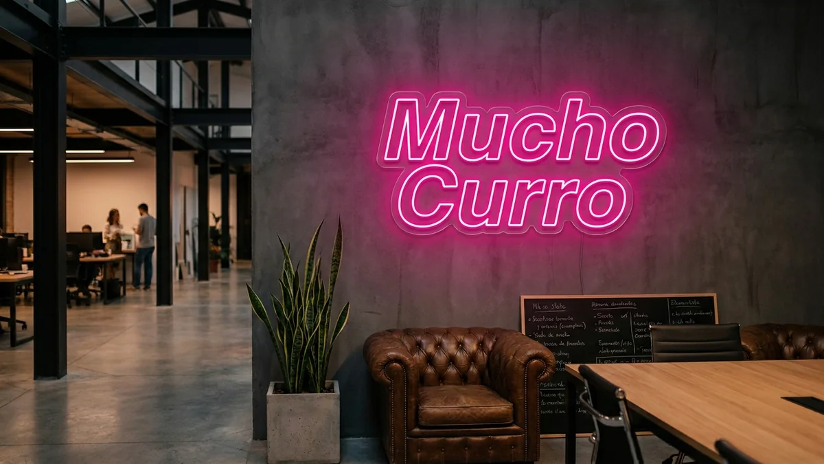 Letras de neón "Mucho Curro" rosa magenta en oficina