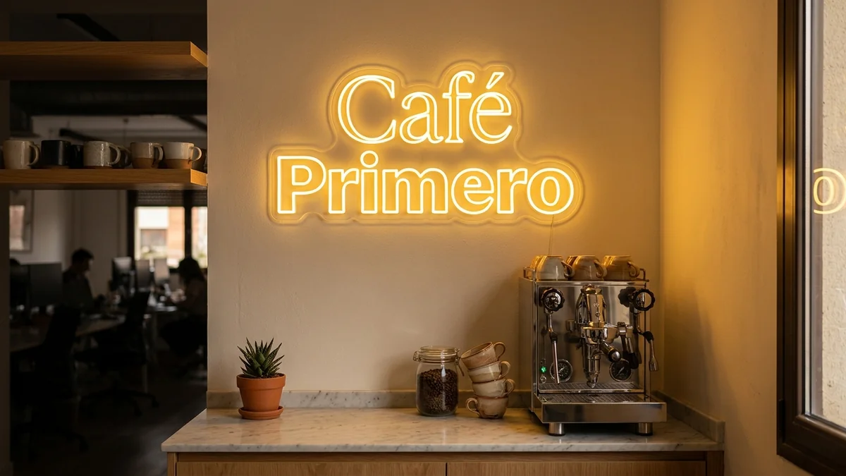 Letras de neón "Café Primero" amarillo dorado en rincón de oficina