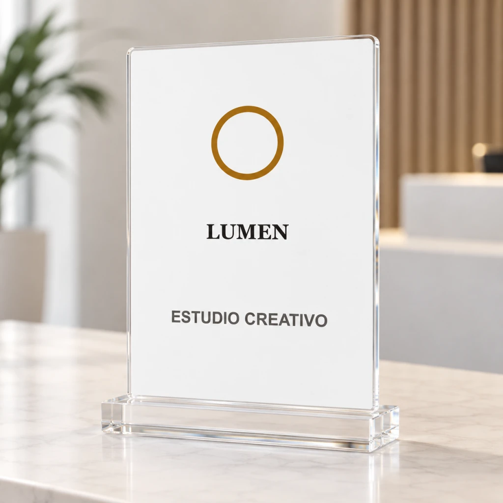 Recreación digital: placa de sobremesa lumen con peana