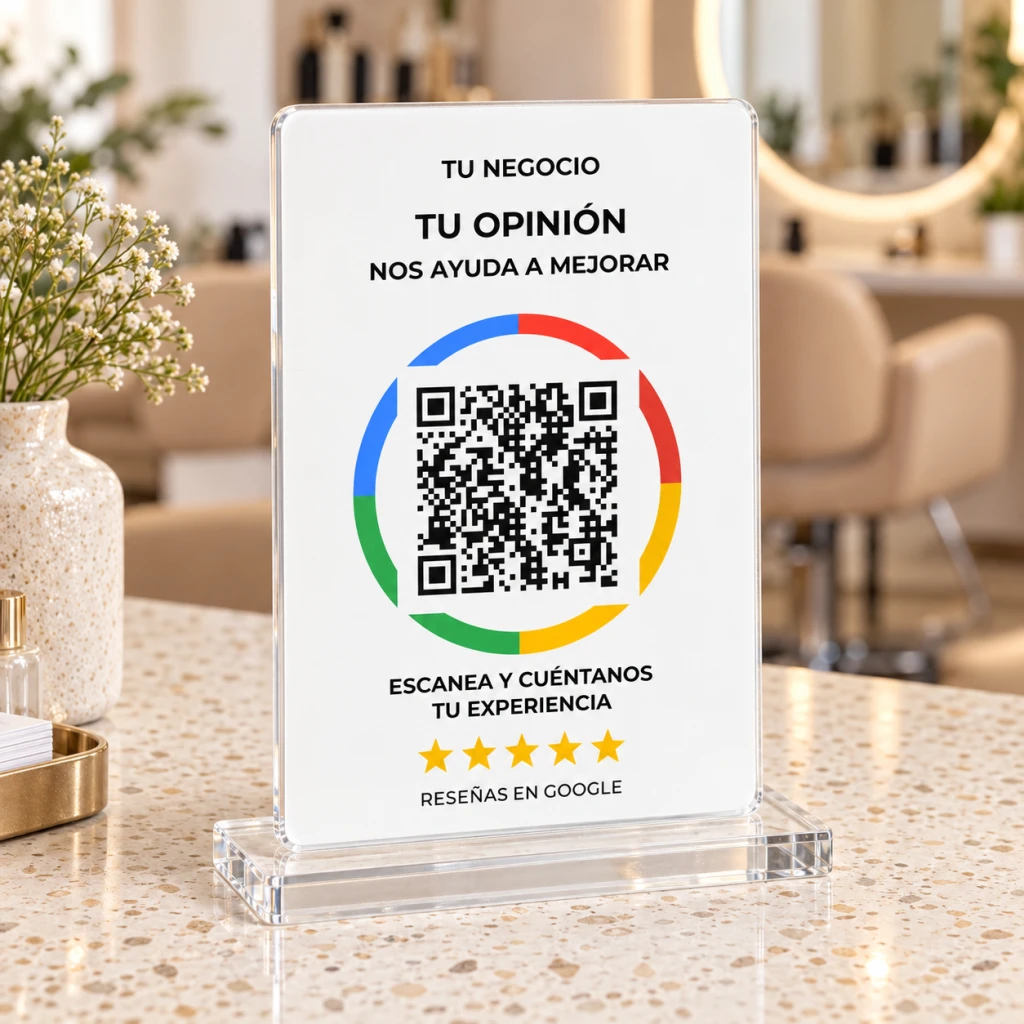 Recreación digital: placa de reseñas qr en comercio y salón